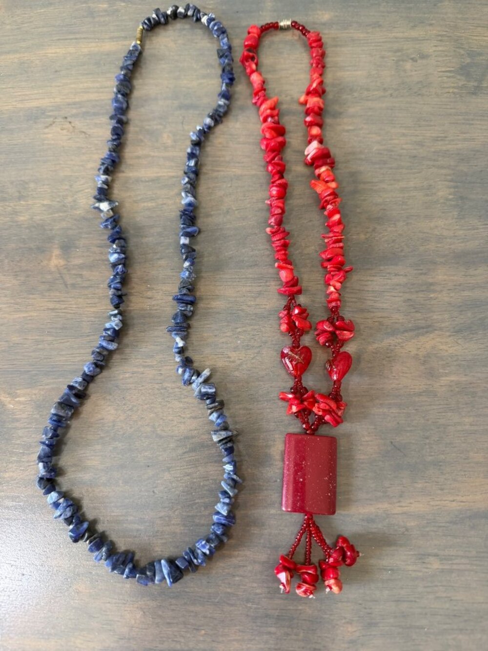 2 Stone Chip Beaded Necklaces Lapis Lazuli Blue Faux Red Coral Tassel Glass Hear